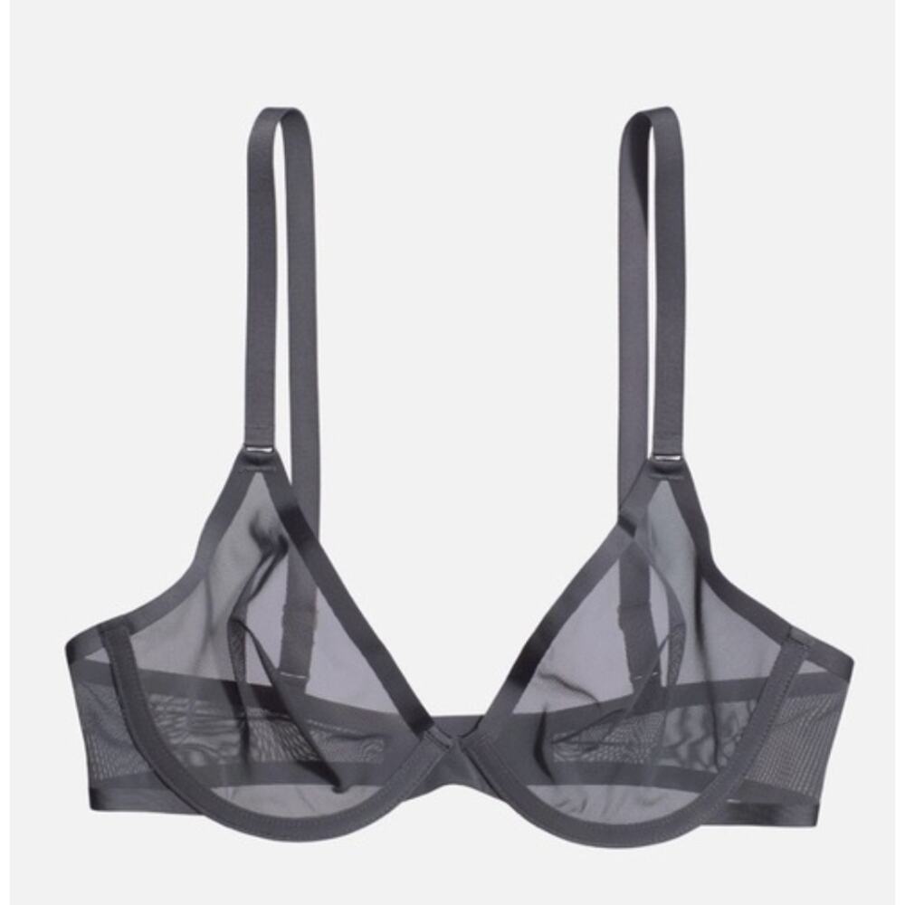 CUUP The Plunge Bra 38E Gray Sheer Mesh Underwire Minimalist Lingerie